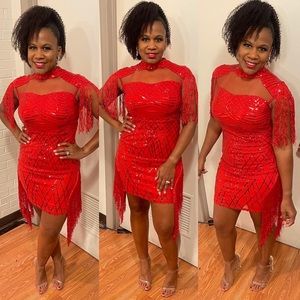 Sequin red mini dress with tassels. Size Med. worn once